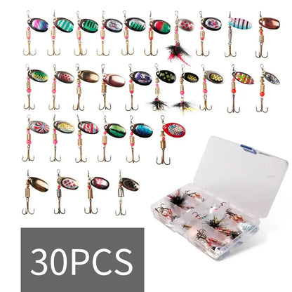 Fishing lure assortment with tackle box.