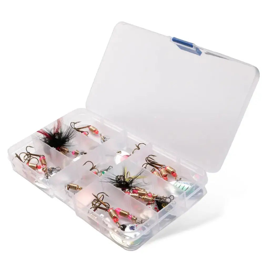 Open tackle box with fishing lures.