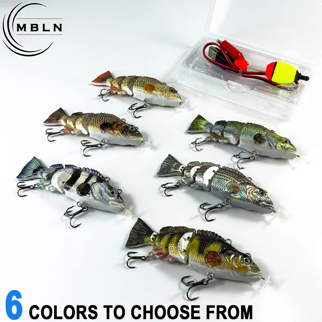 Set of six auto swimming fishing lure for bass in various colors with realistic fish design and hooks