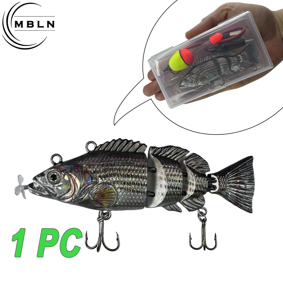Auto swimming fishing lure for bass in realistic segmented fish design with treble hooks