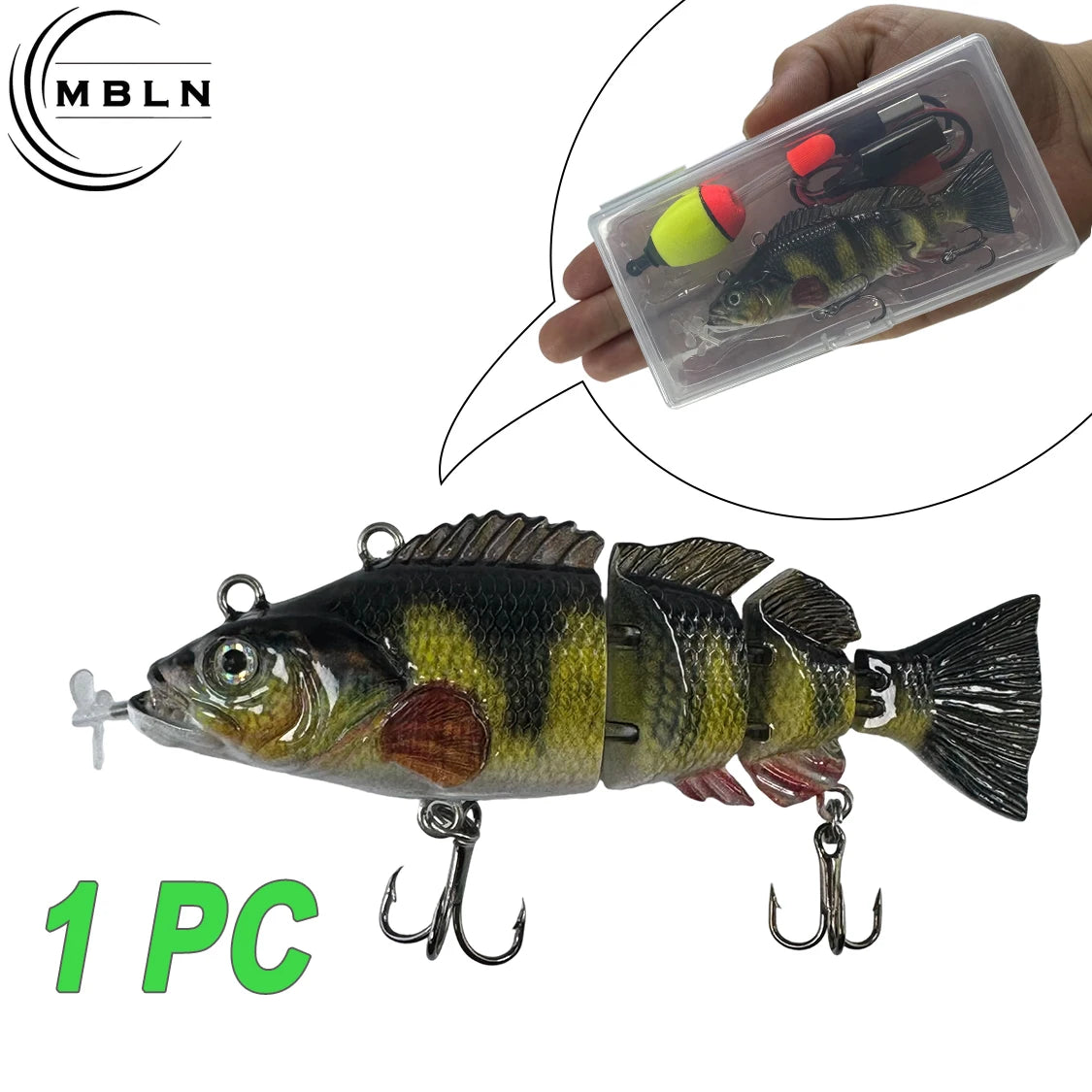 MBLN auto swimming fishing lure for bass segmented fish design with treble hooks and propeller