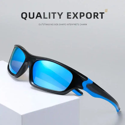 Black and blue sunglasses with blue lenses.