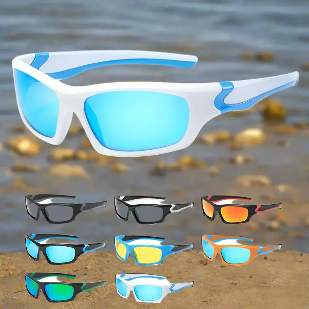 Assorted sunglasses with colorful frames and lenses.