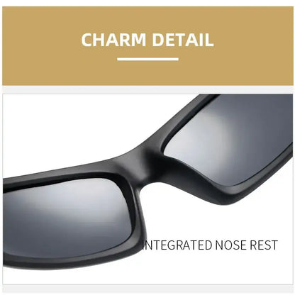 Black sunglasses with integrated nose rest.