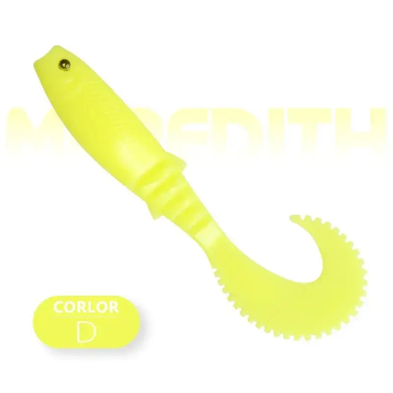 Yellow fishing lure with a curly tail.