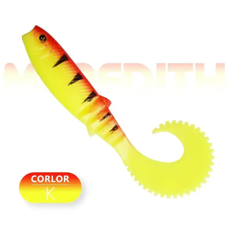 Yellow and red fishing lure with a curly tail.