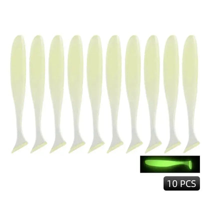 Ten glow-in-the-dark fishing lures.