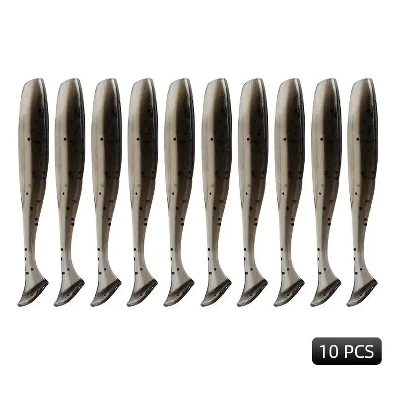 Ten gray paddle tail fishing lures.