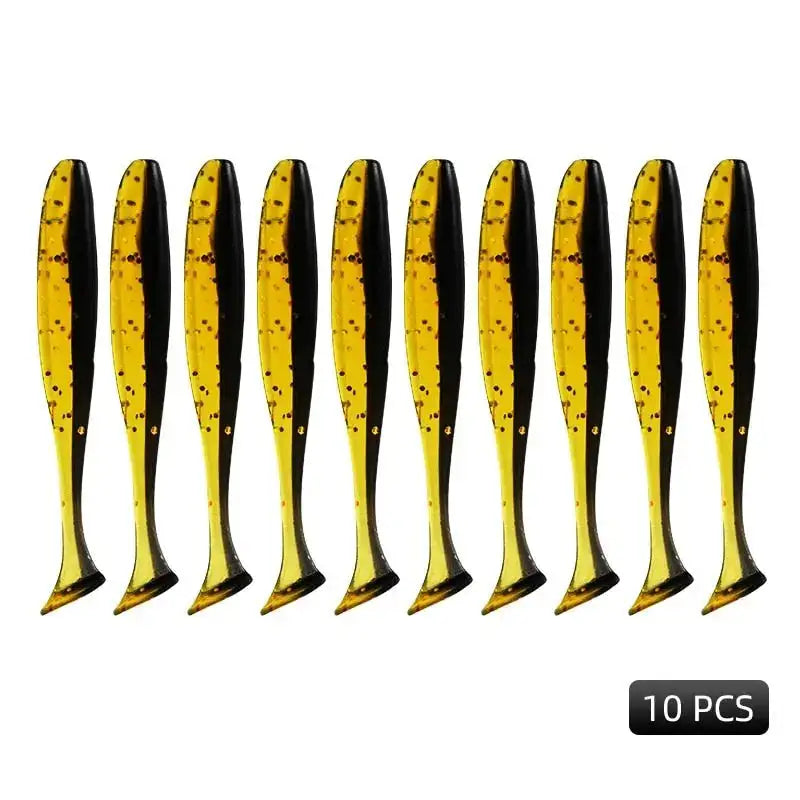 Ten yellow and black fishing lures.