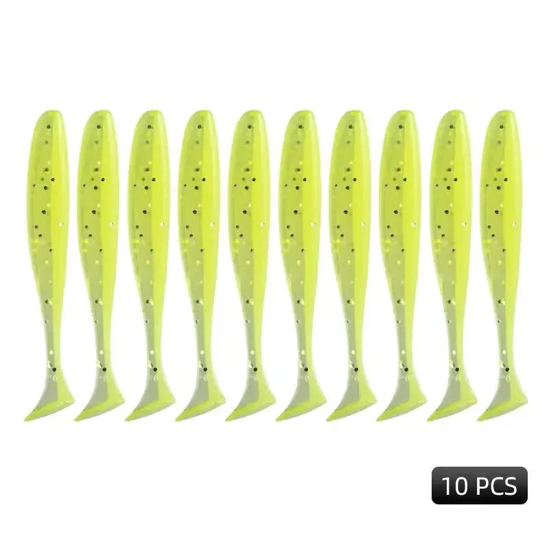 Ten yellow fishing lures.