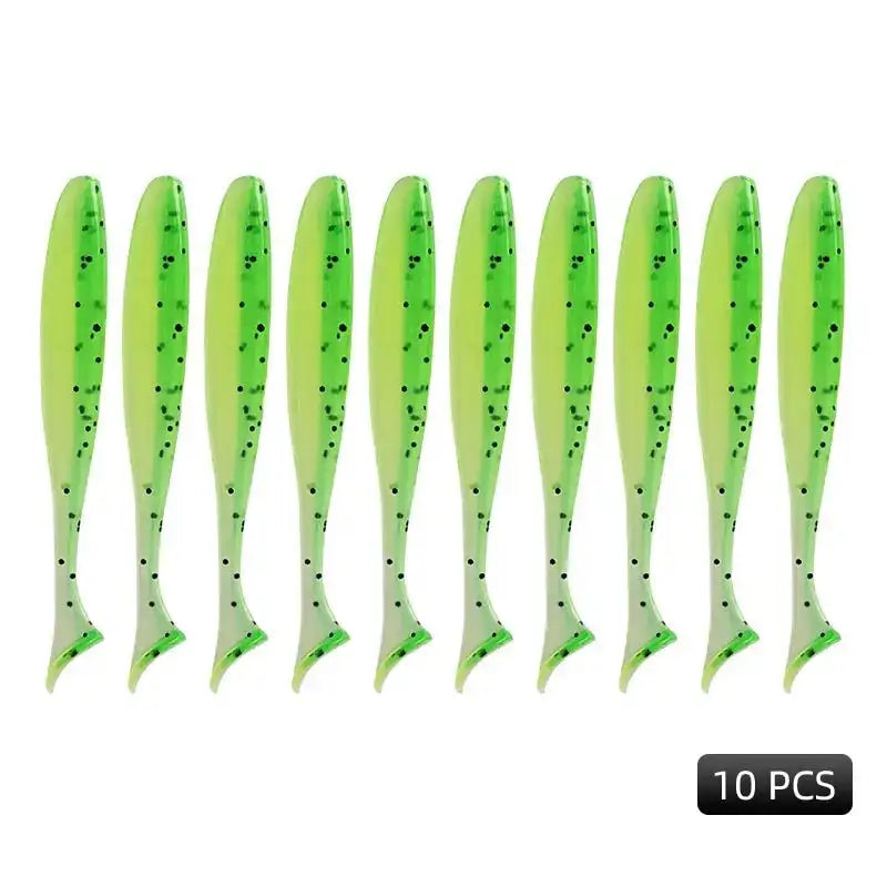 Ten green fishing lures.