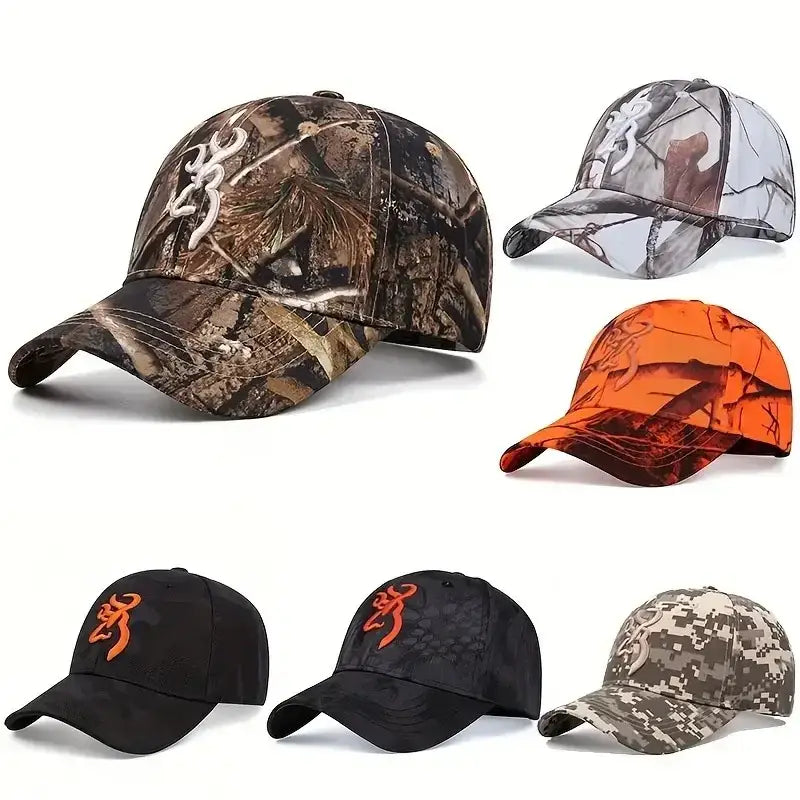 Assorted camouflage baseball caps.