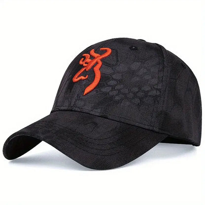 Black camouflage baseball cap with orange logo.