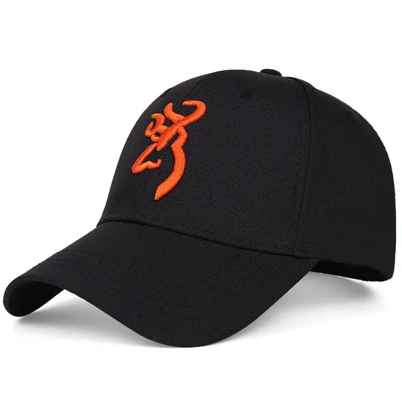 Black baseball cap with orange logo.