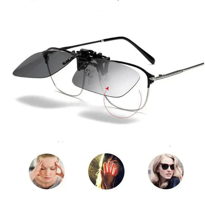 Clip-on sunglasses with clear frames.