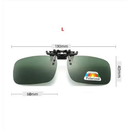 Green polarized clip-on sunglasses with dimensions.