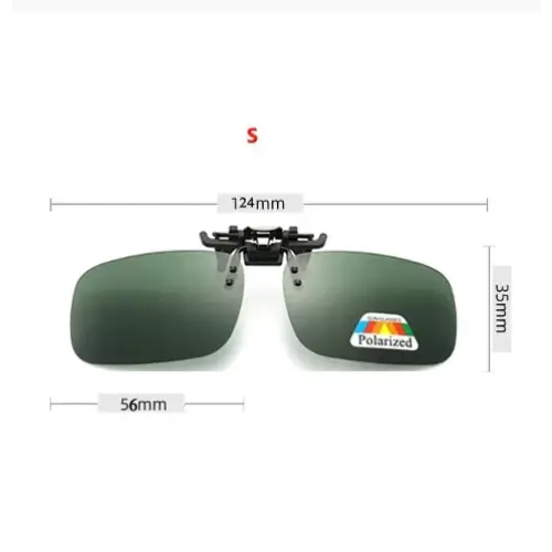 Polarized clip-on sunglasses with dimensions.