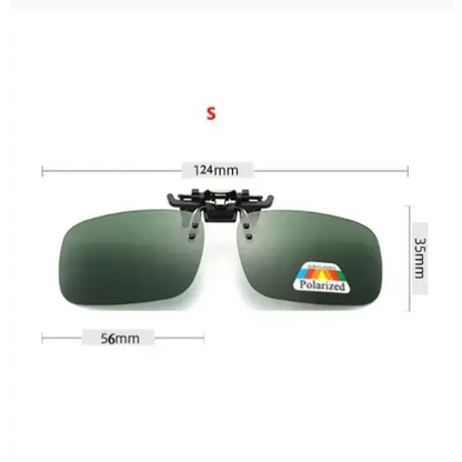 Polarized clip-on sunglasses with dimensions.