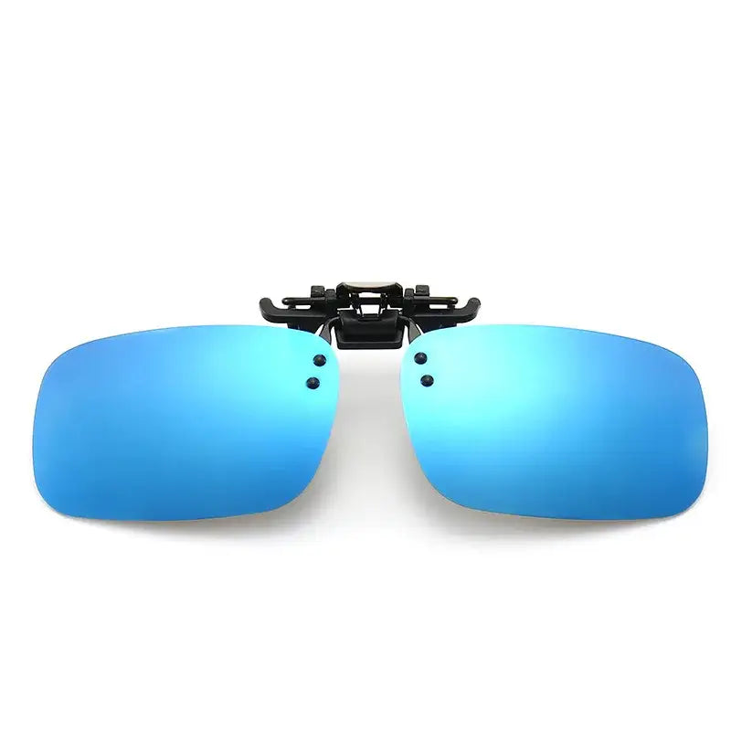 Blue mirrored clip-on sunglasses.