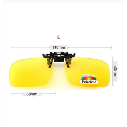 Yellow polarized clip-on sunglasses.