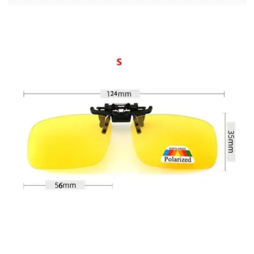 Yellow clip-on polarized sunglasses.