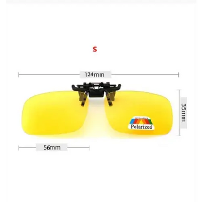 Yellow clip-on polarized sunglasses.