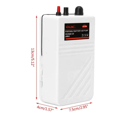 White portable battery air pump with dimensions.