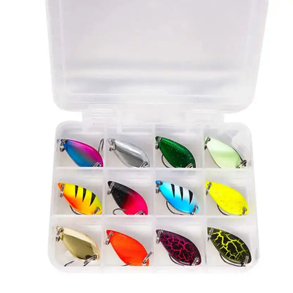 Fishing lure assortment in a plastic case.