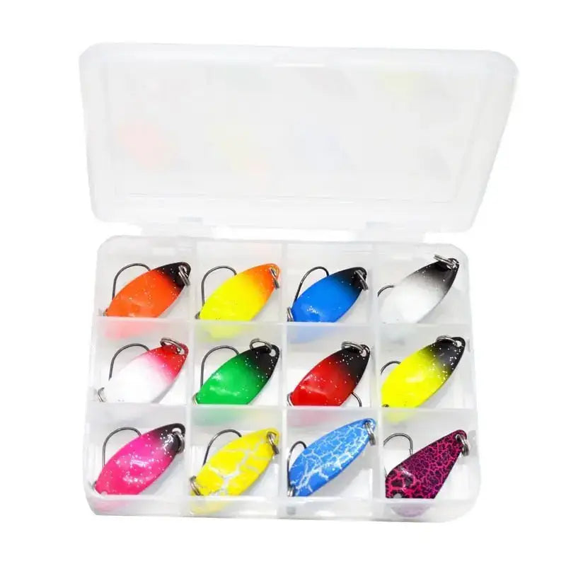 Colorful fishing lures in a plastic box.