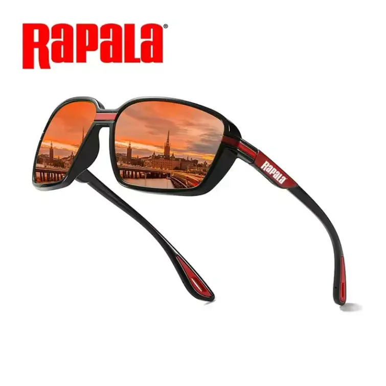 Black and red sunglasses with reflective lenses.