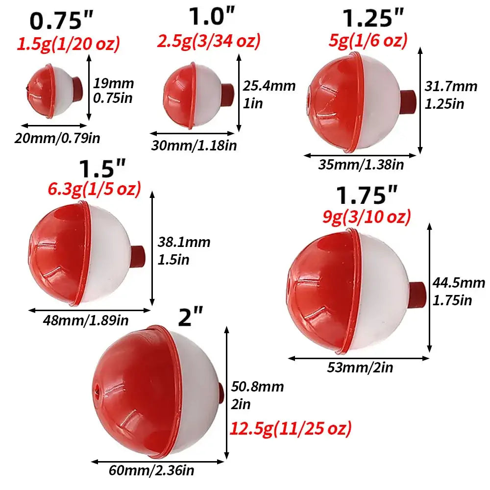 Red and white fishing bobbers with size and weight information.