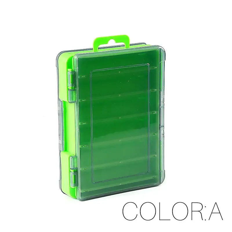 Green and clear plastic tackle box.