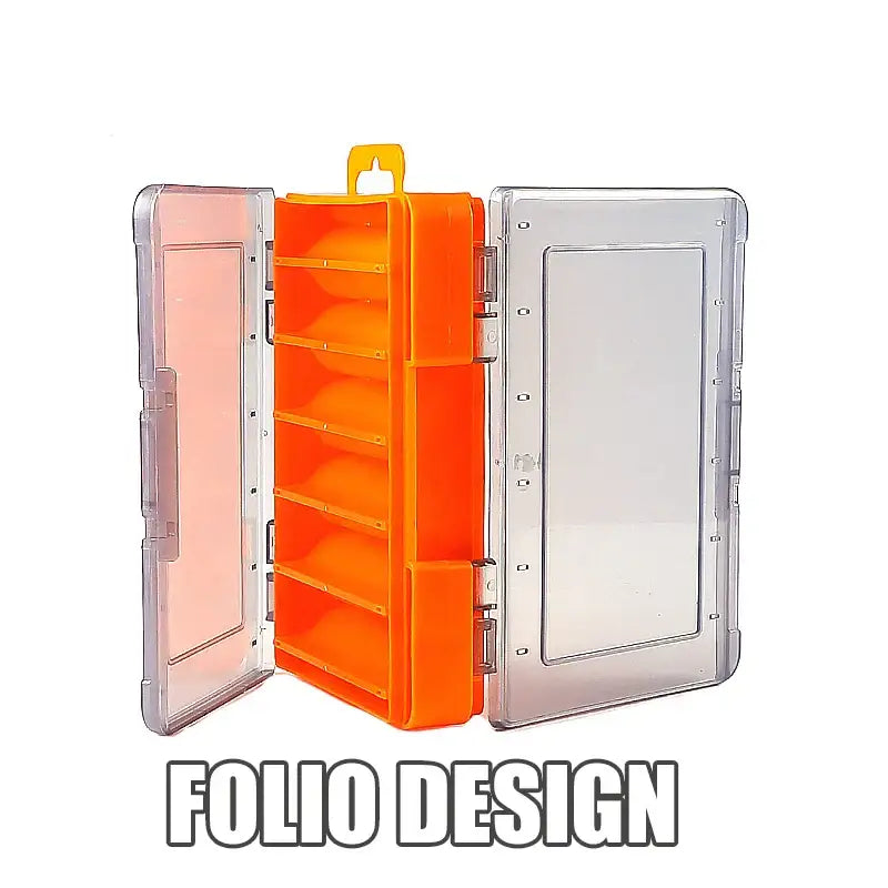 Orange and clear plastic storage case.