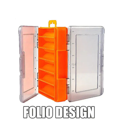 Orange and clear plastic storage case.