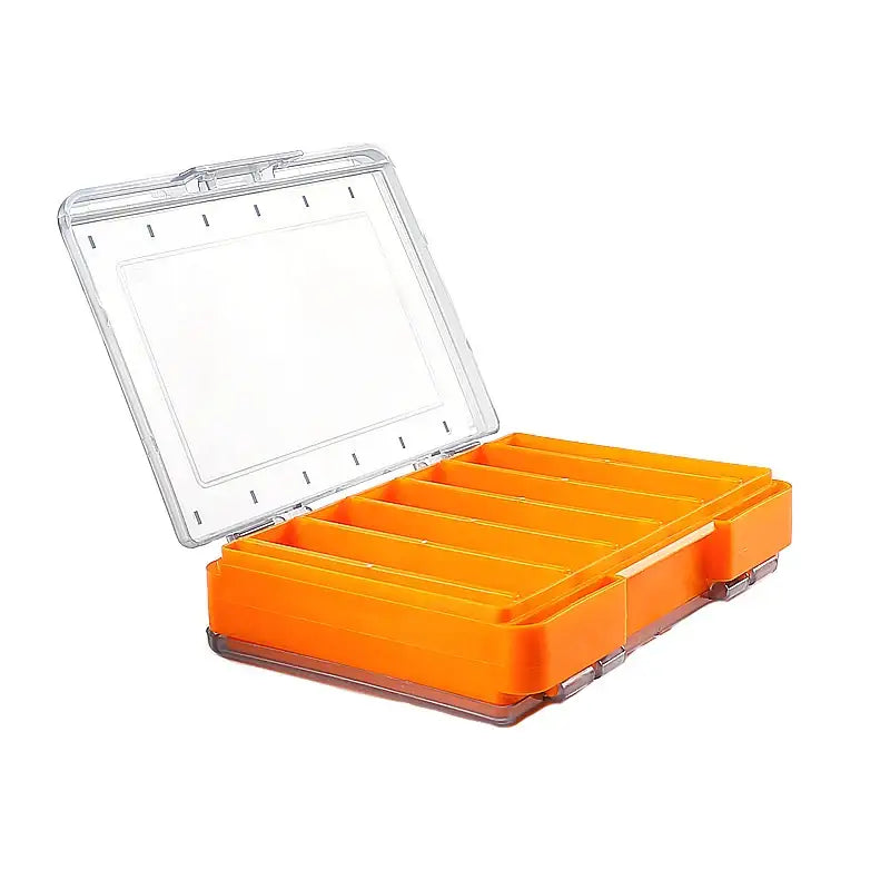 Open orange and clear plastic storage box.