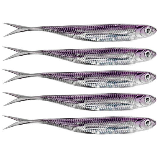 Set of five realistic bass fishing artificial lure in silver and purple colors for effective fishing