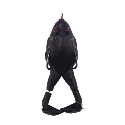 Topwater frog lure for bass fishing in black and green with red eyes and jointed legs