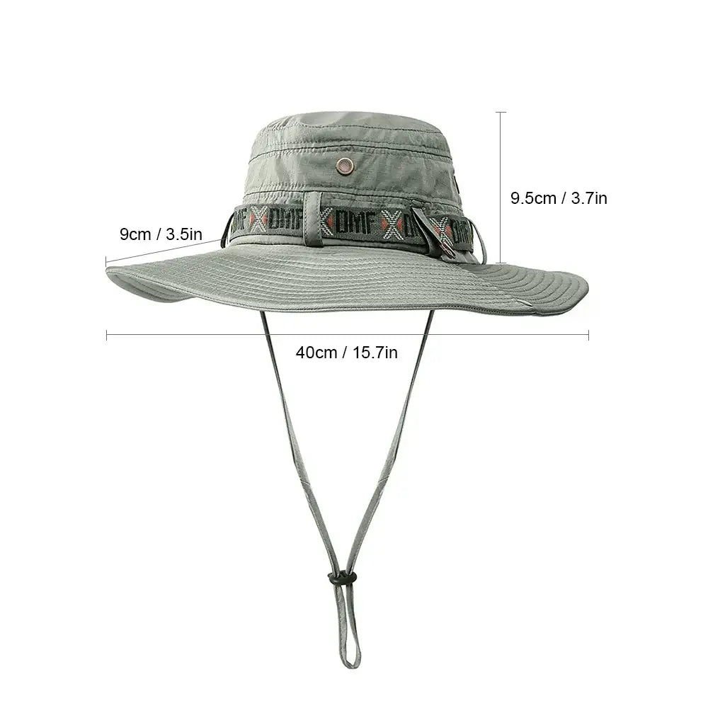 Light green sun hat with chin strap.