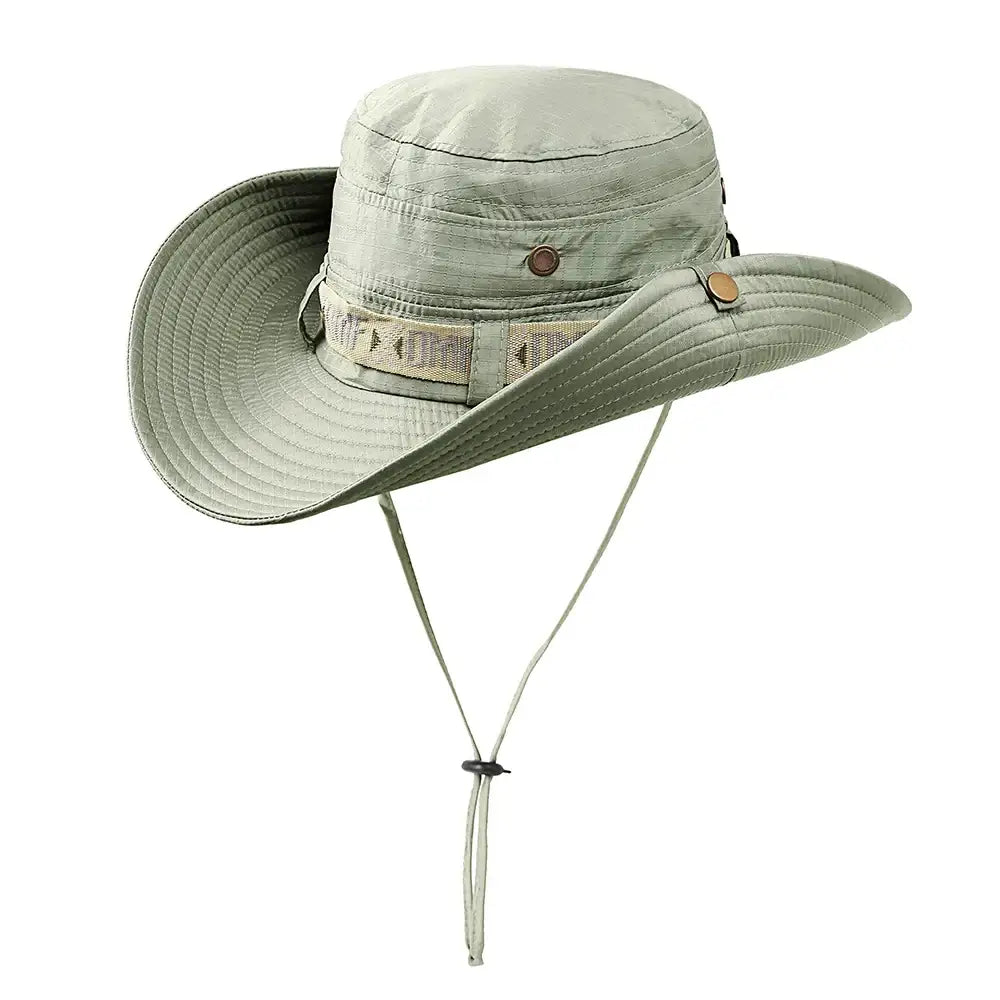 Khaki sun hat with chin strap.