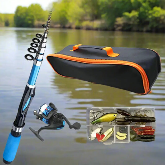 Fishing rod with tackle box and bag.