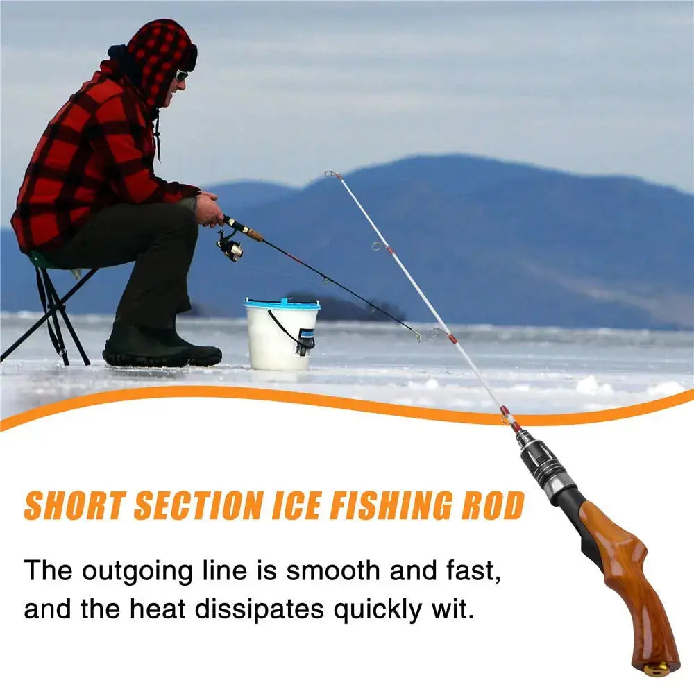 Ice fishing rod with wooden handle.