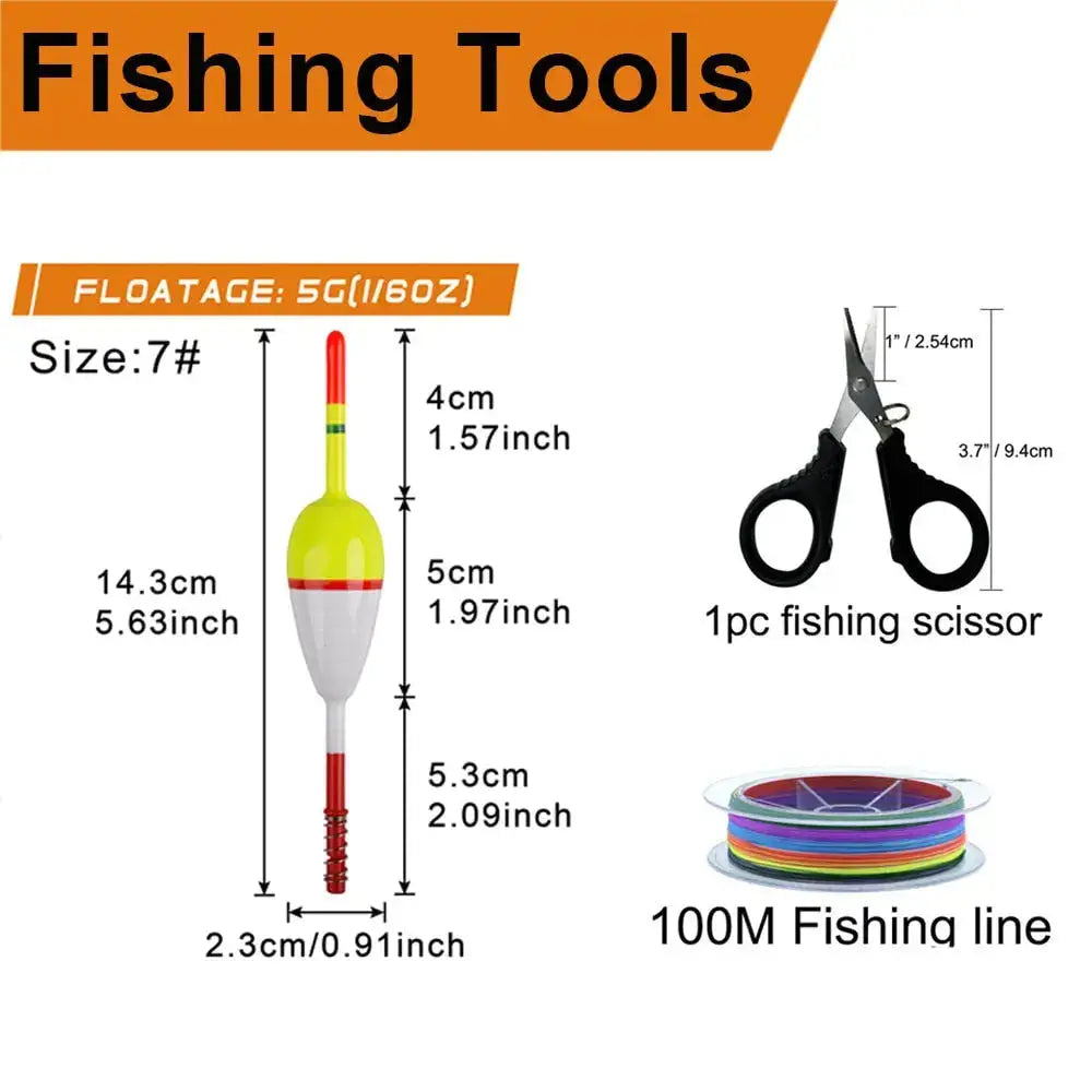 Fishing tool set with bobber, scissors, and line.