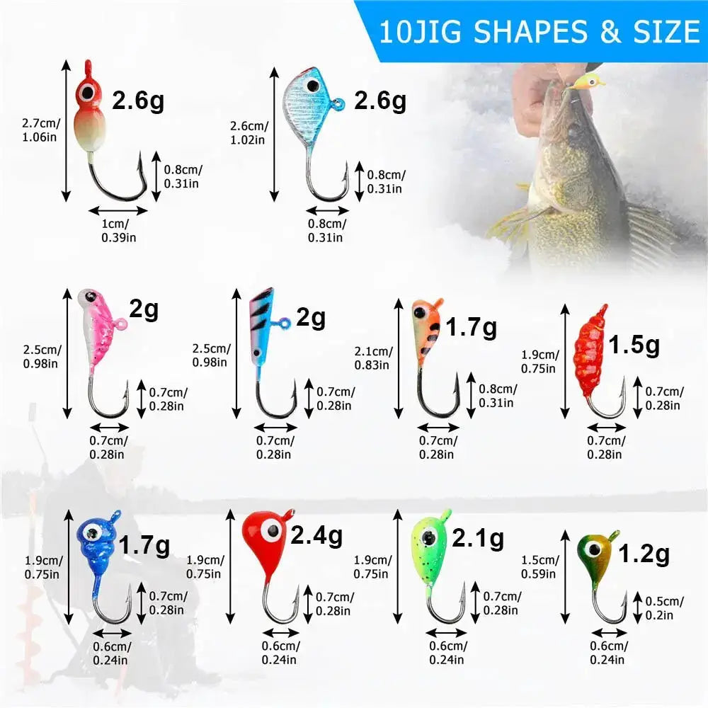 Selection of ice fishing jigs with size and weight information.