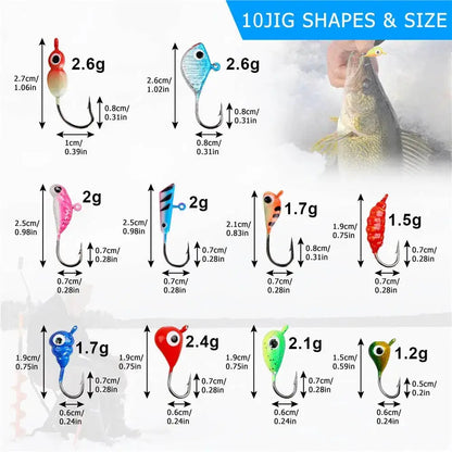 Selection of ice fishing jigs with size and weight information.