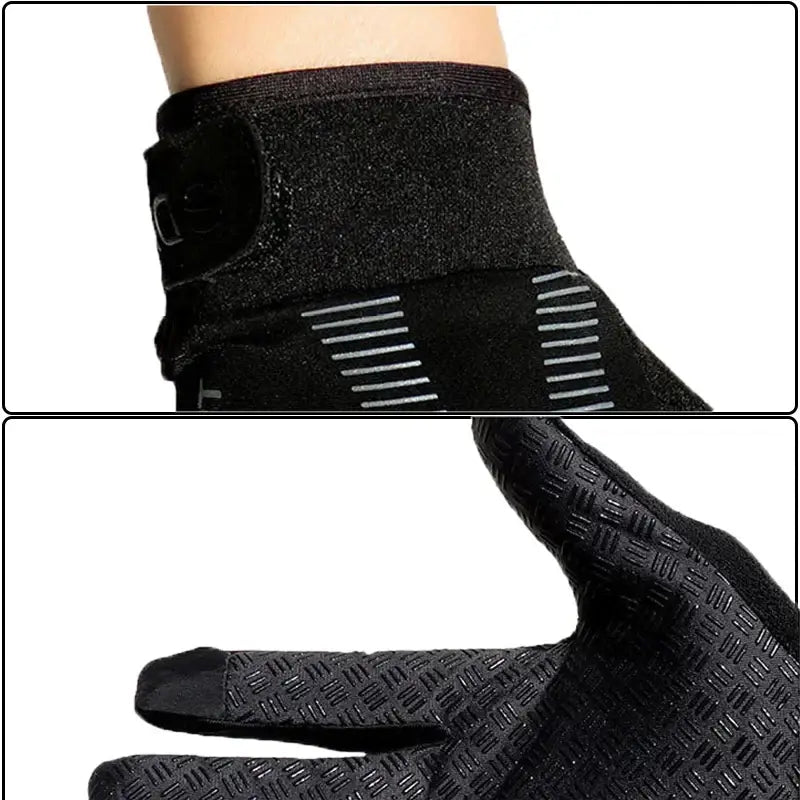 Black glove with textured grip.