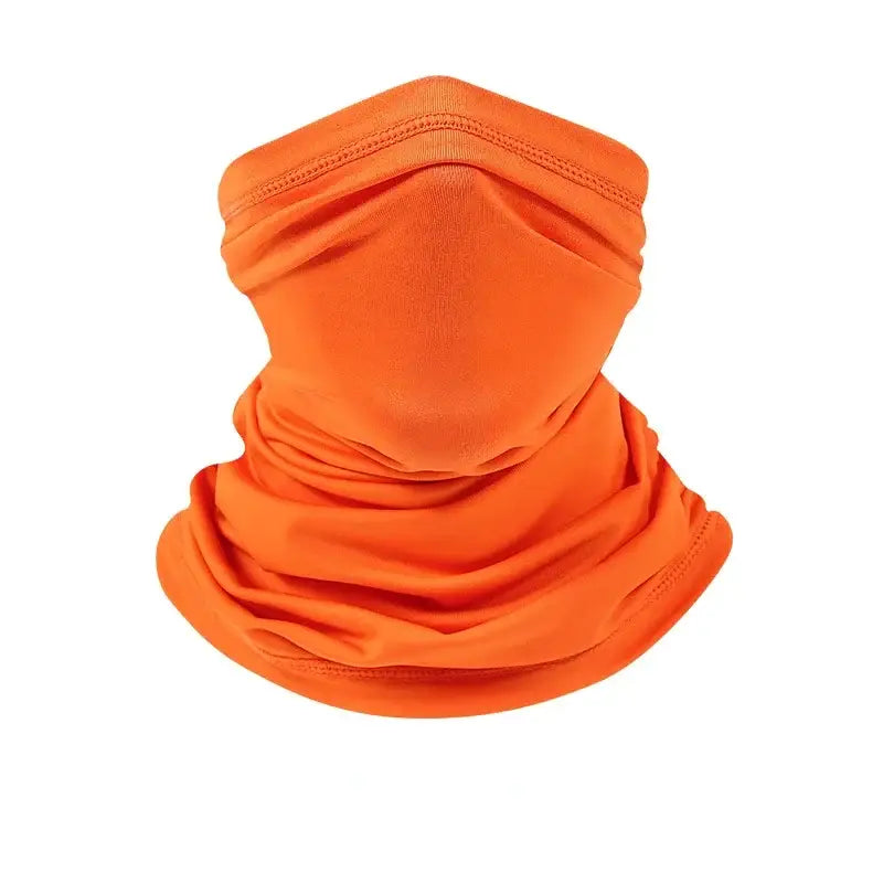 Orange neck gaiter.