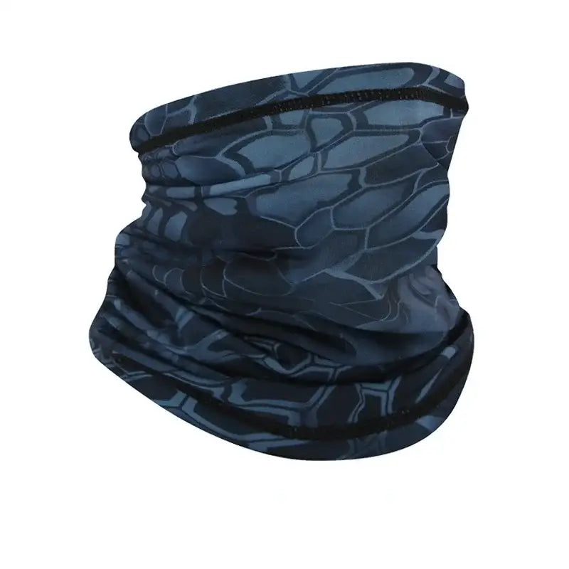 Blue and black camouflage neck gaiter.