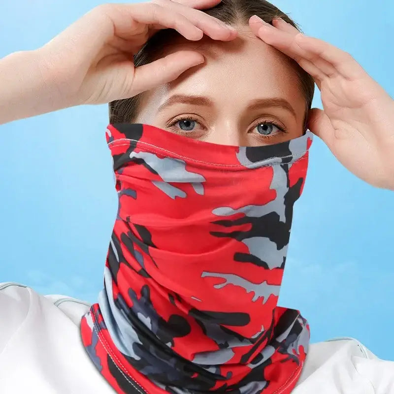 Red camouflage face covering.