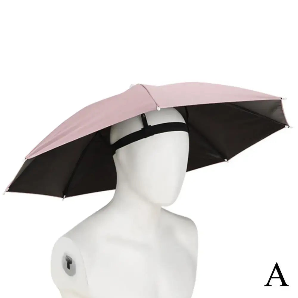 Head-mounted pink and black umbrella.