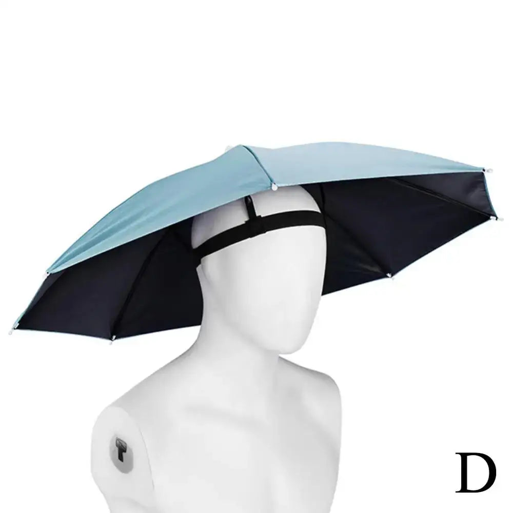 Head-mounted umbrella with black straps.